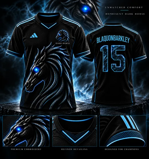 Dark Horse match jersey, front and back, black with blue horse artwork